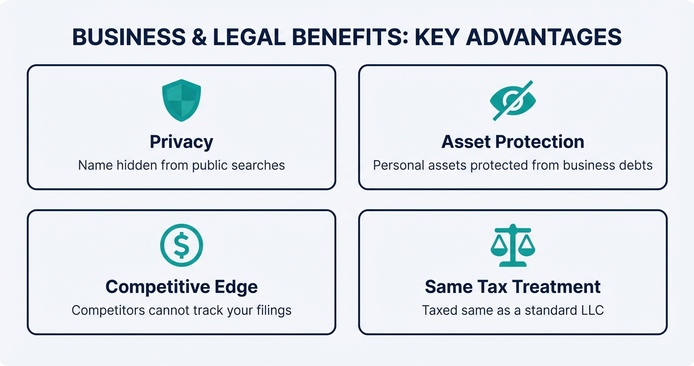 Grid of four key benefits of anonymous LLCs with icons