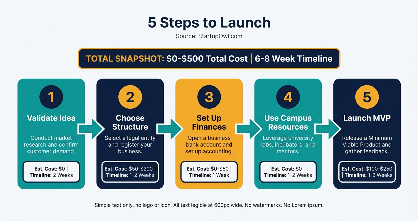 Five-step process diagram for launching a student business in six to eight weeks