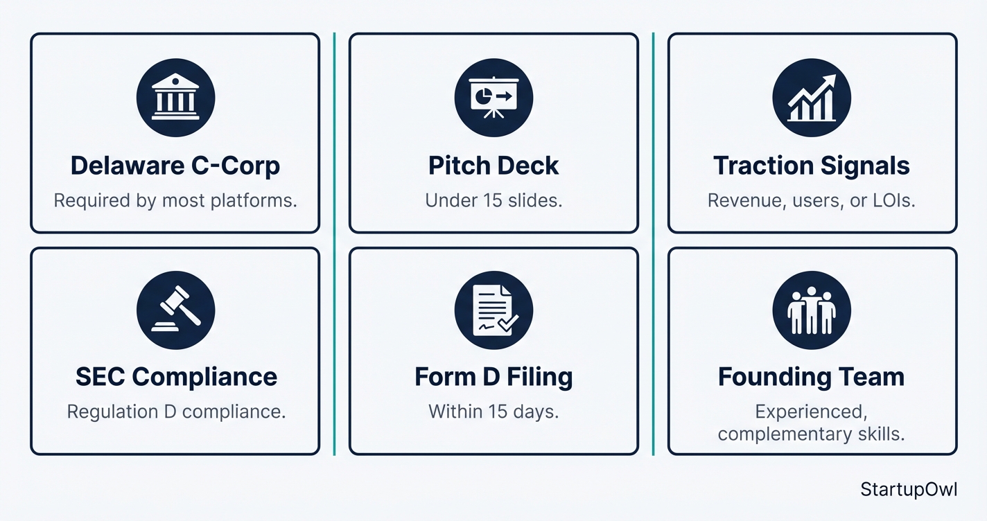 Icon grid showing angel investment eligibility requirements for founders