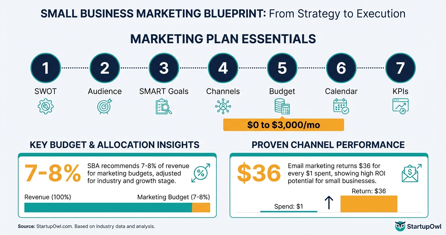 Small business marketing plan overview showing seven steps from SWOT to KPI tracking