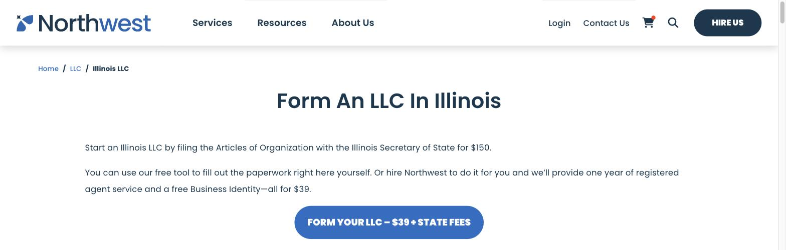 Screenshot of the Northwest Registered Agent Illinois LLC page captured on 26 August 2026. The page states that starting an Illinois LLC means filing the Articles of Organization with the Illinois Secretary of State for $150. The button beneath it reads Form your LLC, $39 plus state fees.