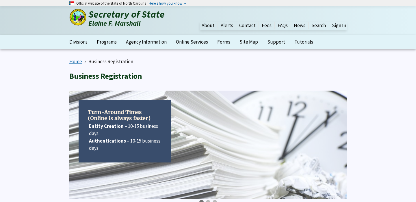 Screenshot of the North Carolina Secretary of State Business Registration page captured on 26 August 2026. The state's Turn-Around Times panel reads Entity Creation 10 to 15 business days and Authentications 10 to 15 business days, with the note that online is always faster.