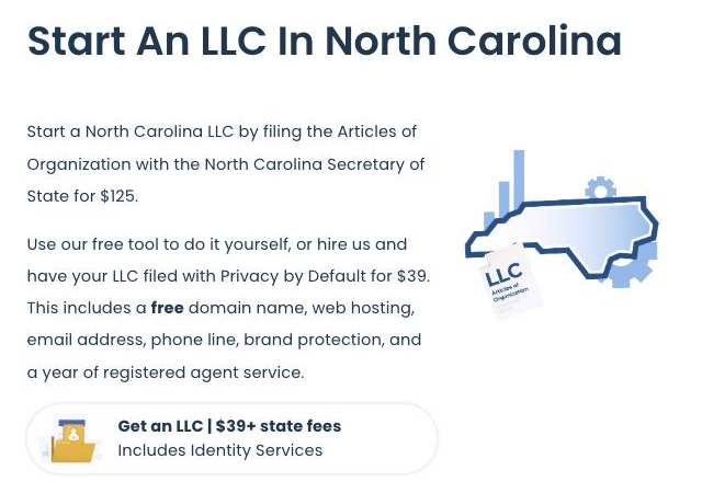Screenshot of the Northwest Registered Agent North Carolina LLC page. It says the Articles of Organization are filed with the Secretary of State for $125, offers a free do it yourself tool, and prices its own filing at $39 plus state fees with a year of registered agent service, a domain name, web hosting, email and a phone line included.