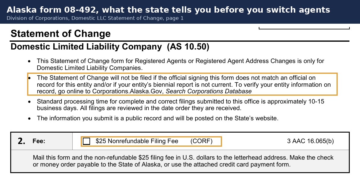 Page one of Alaska form 08-492, the Domestic LLC Statement of Change, with the bullet saying the form will not be filed if the biennial report is not current and the twenty five dollar nonrefundable filing fee line boxed in gold