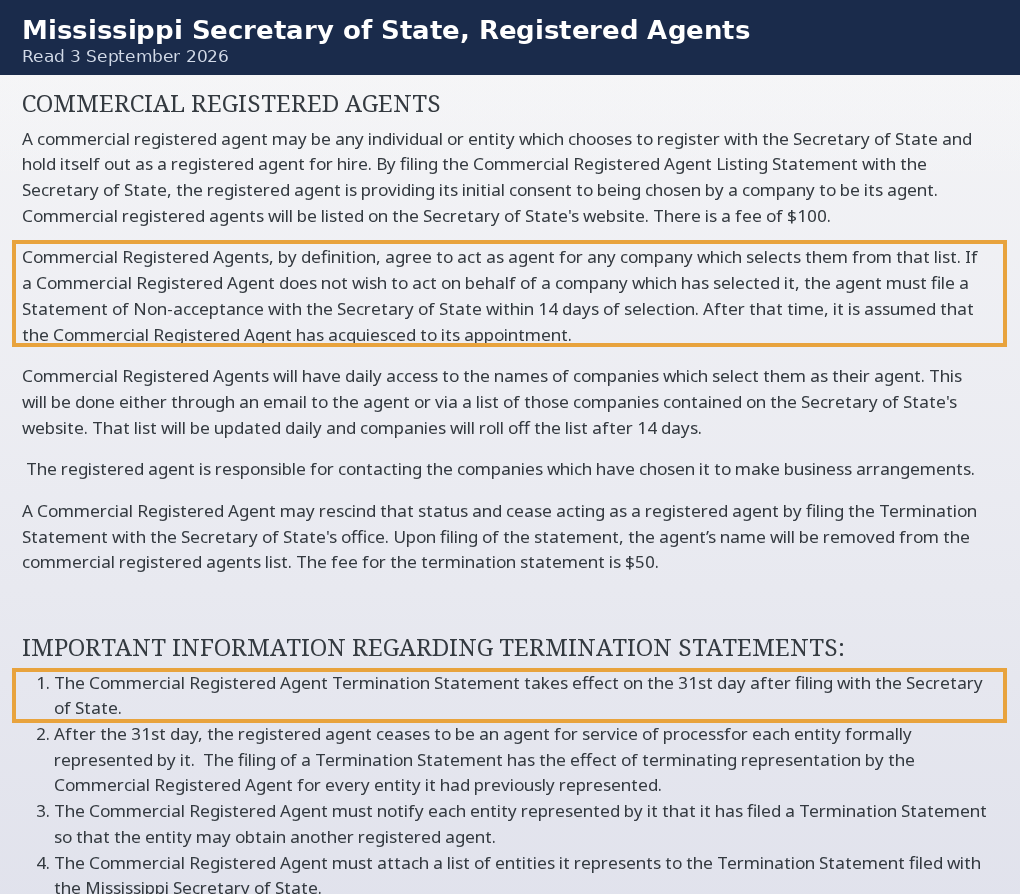 Screenshot of the Mississippi Secretary of State registered agents page. A highlighted paragraph states that a commercial registered agent that does not wish to act must file a Statement of Non-acceptance within 14 days of selection, after which it is assumed the agent has acquiesced. A second highlight states that a Commercial Registered Agent Termination Statement takes effect on the 31st day after filing.