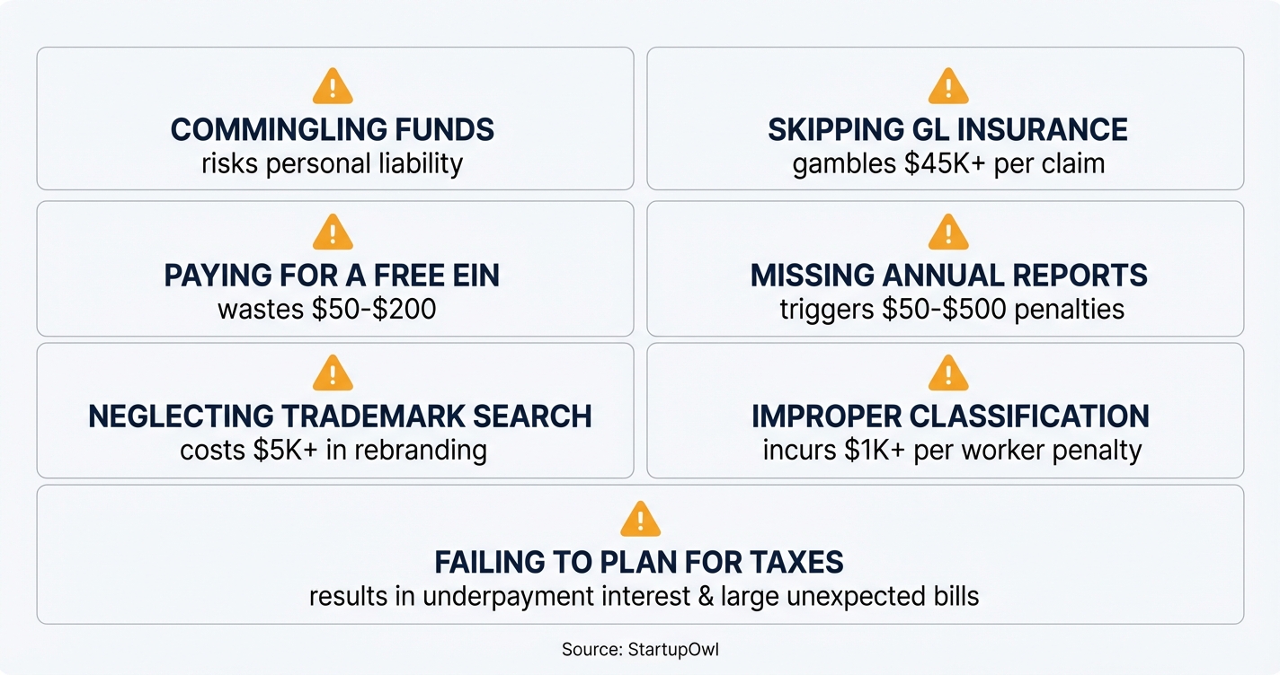Warning icons highlighting seven costly business setup mistakes