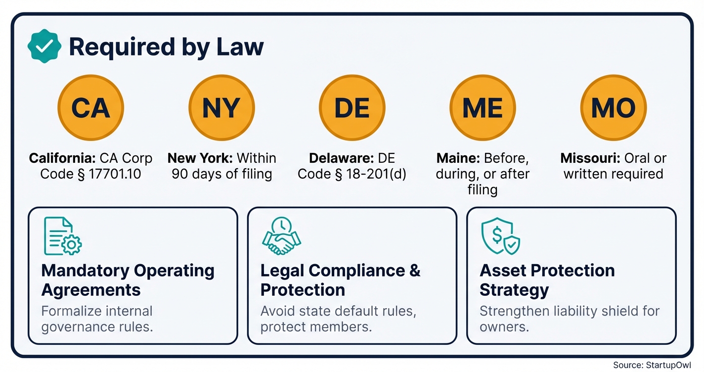 Callout box highlighting the five states that require an LLC operating agreement
