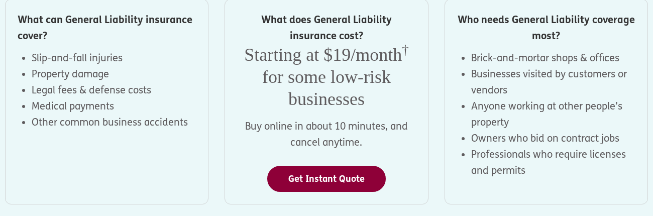 ERGO NEXT general liability page showing Starting at $19 a month for some low-risk businesses, buy online in about 10 minutes and cancel anytime
